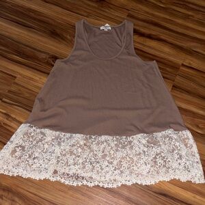Umgee Brown Tank Top with Cream Lace Hem